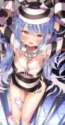 Rule 34 | 1girl, absurdres, animal ears, armpits, arms behind head, arms up, bars, blue hair, blurry, breasts, cleavage, crying, crying with eyes open, depth of field, dress, dutch angle, extra ears, eyebrows hidden by hair, feet out of frame, hair between eyes, highres, hololive, indoors, knees together feet apart, long hair, looking at viewer, medium breasts, messy hair, niku (hamuchang), official alternate costume, orange eyes, prison cell, prison clothes, rabbit-shaped pupils, rabbit ears, solo, standing, striped clothes, striped dress, striped headwear, symbol-shaped pupils, tears, thick eyebrows, twintails, usada pekora, usada pekora (prisoner), very long hair, virtual youtuber
