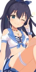 Rule 34 | 1girl, ;), anchor necklace, antenna hair, bikini, bikini top only, black hair, blue bow, blue eyes, blue skirt, blurry, blurry foreground, bow, breasts, cleavage, closed mouth, clothing cutout, earrings, fingerless gloves, ganaha hibiki, gloves, hair between eyes, hair bow, high ponytail, highres, idolmaster, idolmaster (classic), index finger raised, inuyama nanami, jewelry, long hair, looking at viewer, miniskirt, necklace, one eye closed, shirt, shoulder cutout, simple background, sitting, skirt, small breasts, smile, solo, striped bikini, striped clothes, swimsuit, thigh strap, tied shirt, very long hair, white background, white gloves