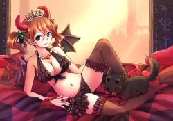 Rule 34 | 1girl, animal, arm support, bikini, bikini skirt, black bikini, black ribbon, black wings, blue eyes, blush, bracelet, breasts, brown hair, brown thighhighs, cleavage, demon horns, demon tail, demon wings, dog, eyebrows, fake horns, fake tail, fake wings, frilled thighhighs, frills, front-tie top, hair between eyes, hair bobbles, hair ornament, halterneck, heart, heart necklace, horns, jewelry, long hair, looking at viewer, navel, necklace, no shoes, orange hair, original, ribbon, solo, stomach, suikakitsu shiro, swimsuit, tail, thighhighs, tiara, tongue, tongue out, twintails, wavy hair, wings, xia you qing