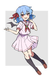 Rule 34 | 1girl, :d, absurdres, bat wings, black socks, blue hair, border, bow, brown footwear, collarbone, commentary request, fang, full body, grey background, hair bow, highres, looking at viewer, miz (mizillustration), neckerchief, open mouth, pink serafuku, pink shirt, pink skirt, pleated skirt, red bow, red eyes, red neckerchief, remilia scarlet, school uniform, serafuku, shirt, short hair, short sleeves, simple background, skirt, smile, socks, solo, touhou, white border, wings