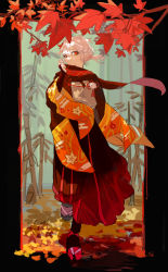Rule 34 | 1boy, absurdres, bamboo, bamboo forest, black border, border, branch, forest, genshin impact, highres, japanese clothes, kaedehara kazuha, kurattes, leaf, leaf print, male focus, multicolored hair, nature, red eyes, red hair, scarf, short hair, short ponytail, solo, streaked hair, white hair, yellow scarf