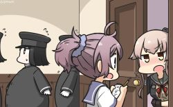 Rule 34 | 3girls, 5girls, akitsu maru (kancolle), aoba (kancolle), black eyes, black gloves, black hair, black jacket, blue eyes, blue scrunchie, blush, brown eyes, clone, commentary request, dated, door, fat, flying sweatdrops, gloves, grey sailor collar, grey skirt, hair flaps, hallway, hamu koutarou, hat, highres, jacket, kantai collection, long hair, military, military uniform, multiple girls, neck ribbon, neckerchief, notepad, one-hour drawing challenge, open mouth, pale skin, peaked cap, pencil, pink hair, ponytail, purple hair, red ribbon, ribbon, sailor collar, school uniform, scrunchie, serafuku, short hair, skirt, uniform, very long hair, yura (kancolle), yura kai ni (kancolle)