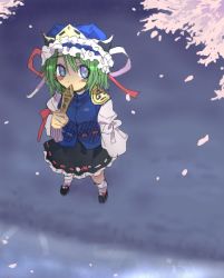 Rule 34 | 1girl, blue eyes, blush, bow, cherry blossoms, female focus, from above, green hair, hand on another&#039;s chest, hat, nature, oekaki, petals, plant, ribbon, rod of remorse, shiki eiki, short hair, skirt, solo, touhou, wide sleeves