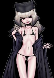 Rule 34 | 1girl, absurdres, bikini, black background, black bikini, black eyes, black headwear, black kimono, breasts, chajinbou, collarbone, fate/grand order, fate (series), grey hair, highres, japanese clothes, kimono, long hair, looking at viewer, micro bikini, navel, nazo no diaboro, off shoulder, open clothes, open kimono, open mouth, sen no rikyu (fate), sen no rikyu (second ascension) (fate), simple background, skinny, small breasts, smile, solo, swimsuit, thigh gap, translation request