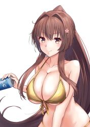 Rule 34 | 1girl, alternate costume, bikini, breasts, brown eyes, cleavage, commentary request, front-tie bikini top, front-tie top, gold bikini, hair intakes, highres, kantai collection, large breasts, long hair, mesera, ponytail, simple background, smile, solo, swimsuit, upper body, white background, yamato (kancolle)