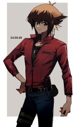 Rule 34 | 1boy, absurdres, belt, black shirt, blue pants, border, brown hair, closed mouth, cowboy shot, dated, grey background, hand on own hip, highres, jacket, jewelry, light smile, looking at viewer, male focus, necklace, pants, red jacket, sake ygo, shirt, solo, white border, yu-gi-oh!, yu-gi-oh! gx, yuki judai