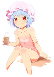 Rule 34 | 1girl, bare legs, bare shoulders, blue hair, blush, drink, fang, female focus, hat, kobii, naked towel, red eyes, remilia scarlet, short hair, simple background, sitting, smile, solo, touhou, towel, white background