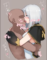 Rule 34 | 1boy, 1girl, ars almal, bald, black capelet, blue eyes, blush, capelet, commentary request, detached sleeves, eyes visible through hair, faceless, faceless male, french kiss, hair between eyes, heart, hetero, hood, hug, kiss, nijisanji, open mouth, puffy sleeves, saliva, shirt, short hair, silver hair, simple background, speech bubble, spoken heart, tongue, tongue out, translation request, upper body, virtual youtuber, white shirt, zijou