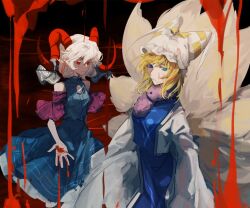 Rule 34 | 2girls, animal hat, blonde hair, blood, blood drip, blue dress, blue tabard, breasts, closed mouth, curled horns, detached sleeves, dress, earrings, expressionless, feet out of frame, fox tail, grey ribbon, hair between eyes, hat, horn ornament, horn ribbon, horns, jewelry, kitsune, kyuubi, long sleeves, looking at viewer, meandros, medium bangs, medium hair, mob cap, multiple girls, multiple tails, pointy ears, pool of blood, purple sleeves, red eyes, red horns, ribbon, sheep horns, short hair, small breasts, standing, tabard, tail, touhou, toutetsu yuuma, white dress, white hair, white headwear, xian qishui, yakumo ran