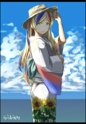 Rule 34 | 1girl, alternate costume, blonde hair, blue hair, blue sky, cloud, commandant teste (kancolle), commentary request, cowboy shot, day, floral print, flower, hat, highres, japanese clothes, kantai collection, kimono, long hair, looking at viewer, multicolored clothes, multicolored hair, one-hour drawing challenge, outdoors, red hair, seitei (04seitei), sky, solo, streaked hair, sun hat, sunflower, wavy hair, white kimono, yukata