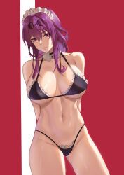 Rule 34 | absurdres, arms behind back, bikini, black bikini, breasts, chinese commentary, collarbone, commentary, detached collar, english commentary, eyewear on head, freed turing, frilled bikini, frills, glasses, highres, honkai: star rail, honkai (series), kafka (honkai: star rail), large breasts, long hair, looking at viewer, maid headdress, mixed-language commentary, navel, parted lips, pince-nez, purple eyes, purple hair, sidelocks, simple background, smile, solo, stomach, sunglasses, swimsuit, underboob, white headwear