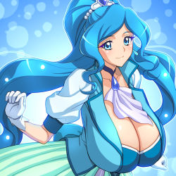 Rule 34 | 1girl, alternate breast size, blue background, blue choker, blue hair, breasts, choker, cleavage, closed mouth, cure fontaine, gloves, healin&#039; good precure, huge breasts, long hair, looking at viewer, magaki ryouta, magical girl, precure, sawaizumi chiyu, smile, solo, tiara, white gloves