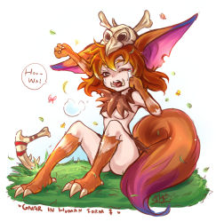 Rule 34 | 1girl, animal ears, bad id, bad pixiv id, bone, bug, butterfly, fangs, gender request, genderswap, gnar, gnar (league of legends), hair ornament, insect, league of legends, monster girl, nude, personification, skull, skull hair ornament, stretching, sueyen, tail, teeth, waking up, yawning