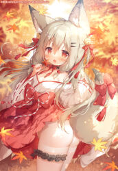 Rule 34 | 1girl, :o, animal ear fluff, animal ears, ass, autumn leaves, bell, black choker, blurry, blurry background, blush, bow, breasts, choker, clenched hands, collarbone, commentary request, double-parted bangs, fox ears, fox tail, frilled choker, frills, grey hair, hair between eyes, hakama, hakama skirt, holding, holding leaf, japanese clothes, jingle bell, leaf, light blush, long hair, looking at viewer, maple leaf, medium breasts, melonbooks, miko, momozu komamochi, no panties, official art, open mouth, original, pantyhose, red bow, red eyes, red hakama, revealing tanlines, ribbon-trimmed sleeves, ribbon trim, skirt, solo, tail, tail bow, tail ornament, tan, tanline, tanlines, thigh strap, upskirt, w arms, watermark, white pantyhose, wide sleeves