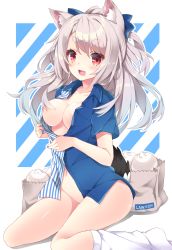 Rule 34 | 1girl, :d, animal ear fluff, animal ears, azur lane, bag, baozi, blouse, blue bow, blue nails, blue shirt, blush, bottomless, bow, breasts, cola, collarbone, commentary request, employee uniform, fang, fingernails, food, grey hair, hair between eyes, hair bow, highres, karaage3, kneehighs, long hair, medium breasts, nail polish, naked shirt, navel, nipples, no bra, no shoes, open mouth, paper bag, red eyes, shirt, shopping bag, short eyebrows, short sleeves, sitting, smile, socks, solo, striped clothes, striped shirt, tail, thick eyebrows, uniform, vertical-striped clothes, vertical-striped shirt, very long hair, wariza, white socks, wolf ears, wolf girl, wolf tail, yuudachi (azur lane), yuudachi (meat bun hunter) (azur lane)