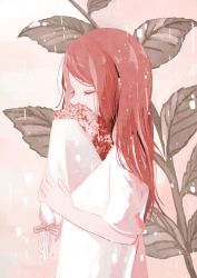 Rule 34 | 1girl, 456, bouquet, closed eyes, flower, from side, holding, holding bouquet, holding flower, hydrangea, leaf, long hair, parted bangs, petals, profile, red hair, red theme, shirt, solo, standing, white shirt