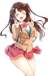 Rule 34 | 1girl, ^ ^, akina tsukako, blush, bow, bowtie, breasts, brown hair, brown jacket, closed eyes, dot nose, double v, emblem, green sweater vest, hair bow, hands up, idolmaster, idolmaster cinderella girls, idolmaster cinderella girls starlight stage, jacket, long hair, long sleeves, medium breasts, one side up, open mouth, pink skirt, plaid, plaid skirt, pleated skirt, red bow, red bowtie, school uniform, shimamura uzuki, shirt, simple background, skirt, smile, solo, standing, sweater vest, teeth, upper teeth only, v, white background, white shirt