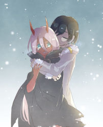 Rule 34 | 10s, 1boy, 1girl, black cloak, black hair, child, cloak, coat, colored sclera, colored skin, commentary request, conchitwa, couple, crying, crying with eyes open, darling in the franxx, closed eyes, fur coat, fur trim, green eyes, grey coat, hand on another&#039;s arm, hetero, hiro (darling in the franxx), hood, hooded cloak, horns, hug, hug from behind, long coat, long hair, oni horns, parka, pink hair, red horns, red pupils, red sclera, red skin, short hair, snow, snowing, tears, winter clothes, winter coat, zero two (darling in the franxx)