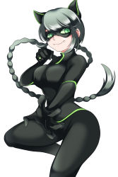 Rule 34 | 1girl, alternate costume, animal ears, bell, black hair, bodysuit, braid, breasts, cat ears, cat girl, claws, domino mask, green eyes, highres, jewelry, lady noire, long hair, marinette dupain-cheng, mask, miraculous ladybug, ring, solo