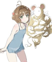 Rule 34 | 1girl, antenna hair, bare arms, bare shoulders, blue camisole, blush, bow, bow (bhp), bow panties, brown hair, camisole, cardcaptor sakura, closed mouth, creature, flat chest, green eyes, hair bow, kero (cardcaptor sakura), kinomoto sakura, looking at viewer, muscular, panties, red bow, see-through, short hair, simple background, sketch, smile, standing, underwear, white background, white panties