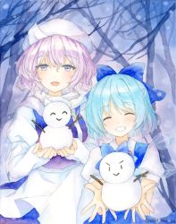 Rule 34 | 2girls, :&gt;, ^ ^, blue bow, blue hair, bow, cirno, closed eyes, closed eyes, grin, hair bow, highres, holding, ice, ice wings, juliet sleeves, letty whiterock, long sleeves, multiple girls, open mouth, outdoors, painting (medium), puffy sleeves, purple eyes, purple hair, scarf, short hair, smile, snowman, sweet miuk tea, touhou, traditional media, tree, upper body, watercolor (medium), white headwear, white scarf, wings