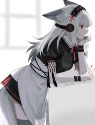 Rule 34 | alternate costume, animal ears, apron, arknights, black hairband, black nails, black shirt, black skirt, breasts, cowboy shot, enmaided, fang, fox ears, fox girl, fox tail, from side, frostleaf (arknights), grey hair, hairband, head rest, headphones, highres, implied extra ears, inu to milk, leaning forward, long hair, maid, maid apron, nail polish, open mouth, profile, red eyes, red ribbon, ribbon, shirt, short sleeves, skirt, small breasts, tail, twitter username, v, white apron, window