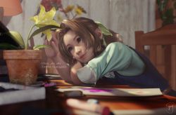 Rule 34 | 1girl, 3d, aerith gainsborough, blue dress, brown hair, chair, child, desk, dress, emy-san, final fantasy, final fantasy vii, final fantasy vii remake, flower, gainsborough house, green eyes, green ribbon, green shirt, hair ribbon, highres, lamp, lily (flower), looking at flowers, parted bangs, ponytail, ribbon, shirt, short sleeves, sidelocks, sitting, smile, solo, square enix, upper body, vase, yellow flower
