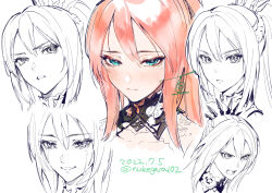 Rule 34 | 1girl, angry, aqua eyes, blush, commentary request, crying, crying with eyes open, embarrassed, expressions, long hair, looking at viewer, monochrome, multiple views, nukegara102, open mouth, partially colored, pink hair, ponytail, serious, shionne (tales), simple background, sketch, smile, solo, tales of (series), tales of arise, tears, white background