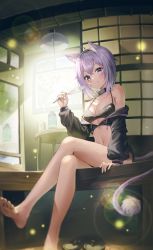 Rule 34 | 1girl, ahoge, animal ear fluff, animal ears, architecture, armpit crease, barefoot, bikini, bikini under clothes, black jacket, blurry, blurry background, blush, breasts, cat ears, cat girl, cat tail, commentary request, cropped jacket, crossed bangs, crossed legs, east asian architecture, feet, foot out of frame, highres, holding, hololive, jacket, legs, lens flare, long sleeves, medium breasts, navel, nekomata okayu, off shoulder, outdoors, purple hair, sandals, unworn sandals, shaffelli, sitting, solo, swimsuit, tail, toes, virtual youtuber