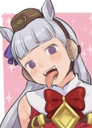 Rule 34 | 1girl, :d, animal ears, blunt bangs, blush, bow, bridle, commentary, fangs, gold ship (umamusume), grey hair, hat, head tilt, horse ears, long hair, long tongue, meis (terameisu), open mouth, pink background, portrait, purple eyes, red bow, simple background, sleeveless, smile, solo, sparkle background, tongue, tongue out, umamusume