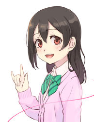 Rule 34 | 10s, 1girl, :d, \m/, alternate hairstyle, black hair, cardigan, getsumen, hair down, looking at viewer, love live!, love live! school idol project, open mouth, red eyes, school uniform, simple background, smile, solo, string, string of fate, upper body, white background, yazawa nico