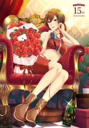 Rule 34 | 1girl, anniversary, bare shoulders, blush, boots, bottle, bouquet, brown eyes, brown hair, bush, cable, character name, commentary, crop top, curtains, envelope, flower, full body, gift, hands up, highres, holding, holding microphone, indoors, looking at viewer, meiko (vocaloid), microphone, midriff, miniskirt, navel, nokuhashi, red flower, red rose, red shirt, red skirt, ribbon, rose, shirt, short hair, sitting, skirt, smile, solo, throne, vocaloid, wine bottle, zipper