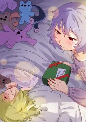 Rule 34 | 2girls, blonde hair, commentary request, english text, feigning sleep, flandre scarlet, gift, highres, holding, holding gift, lens flare, light blush, long sleeves, multiple girls, pillow, purple hair, purple shirt, red eyes, red ribbon, remilia scarlet, ribbon, shirt, short hair, smile, sobayu to tenpura, stuffed animal, stuffed toy, teddy bear, touhou, under covers, white shirt
