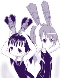 Rule 34 | 2girls, absurdres, competition swimsuit, flippers, highres, monochrome, multiple girls, one-piece swimsuit, original, ponytail, purple theme, screentones, swimsuit, tennouji mamichi, tennouji masamichi, twintails