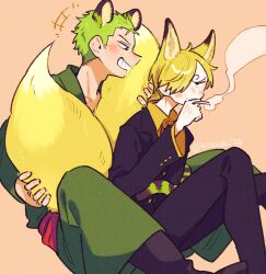 Rule 34 | 2boys, animal ears, annoyed, artist name, black suit, blonde hair, blush, cigarette, collared shirt, commentary request, curly eyebrows, formal, fox boy, fox ears, fox tail, green hair, green kimono, grin, hair over one eye, haramaki, holding, holding cigarette, hugging tail, implied yaoi, japanese clothes, kimono, large tail, looking at another, male focus, mitsubachi koucha, multiple boys, one piece, orange background, roronoa zoro, sanji (one piece), shirt, short hair, simple background, sitting, sitting on person, smile, suit, tail, tail wrap, tiger boy, tiger ears, tiger tail, yellow shirt