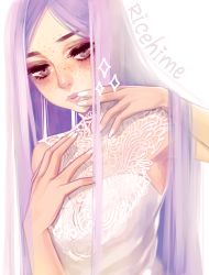 Rule 34 | 1girl, absurdres, dress, eyebrows, fingernails, freckles, fuwaffy, grey eyes, hair over shoulder, hand on own cheek, hand on own chest, hand on own face, head tilt, highres, lace, lips, long hair, nail polish, nose, original, parted bangs, portrait, purple hair, simple background, solo, text focus, upper body, white background, white dress, white nails