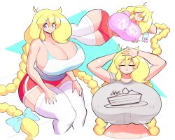 Rule 34 | 1girl, absurdres, blonde hair, braid, breasts, cassie (theycallhimcake), cleavage, covered erect nipples, curvy, gigantic breasts, highres, long hair, nail polish, purple eyes, solo, tagme, theycallhimcake, thick thighs, thighs, very long hair, wide hips