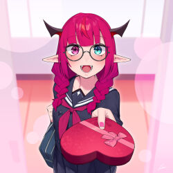Rule 34 | 1girl, bag, braid, commentary, dasdokter, demon horns, english commentary, glasses, green eyes, heterochromia, highres, hololive, hololive english, horns, incoming gift, irys (gaming casual) (hololive), irys (hololive), open mouth, pink eyes, pink hair, pointy ears, reaching, reaching towards viewer, round eyewear, school bag, shirt, skirt, smile, solo, teeth, tongue, twin braids, valentine, virtual youtuber