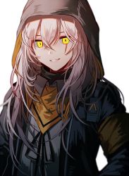 Rule 34 | 1girl, armband, crossed bangs, girls&#039; frontline, grey hair, hair between eyes, hood, hood up, hooded jacket, jacket, long hair, looking at viewer, neck ribbon, open clothes, open jacket, parted lips, ribbon, scar, scar across eye, scar on face, scarf, shirt, sidelocks, silence girl, simple background, smile, solo, ump45 (girls&#039; frontline), upper body, white background, white shirt, yellow eyes