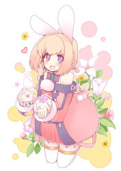 Rule 34 | 1girl, animal ears, ar tonelico, ar tonelico iii, bare shoulders, blonde hair, braid, female focus, flower, full body, gust, heart, kamoto tatsuya, kemonomimi mode, open mouth, pink eyes, plant, rabbit, rabbit ears, saki (ar tonelico), solo, thighhighs, twin braids, white background, white thighhighs