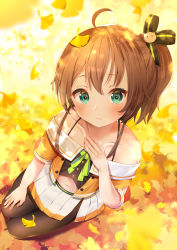 Rule 34 | 1girl, absurdres, ahoge, bare shoulders, blush, brown hair, collarbone, commentary request, from above, ginkgo leaf, green ribbon, hair between eyes, hair ornament, highres, hololive, kneeling, leaf, looking at viewer, nari (narikashi), natsuiro matsuri, natsuiro matsuri (1st costume), navel, outdoors, ribbon, short sleeves, side ponytail, skirt, solo, virtual youtuber, white skirt, yellow skirt