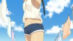 Rule 34 | 1girl, animated, anime screenshot, armpits, arms up, bare shoulders, blue sky, bouncing breasts, breasts, character request, cleavage, close-up, cloud, covered erect nipples, dark skin, denim, denim shorts, downblouse, feet, green hair, large breasts, long hair, midriff, navel, no bra, outdoors, purple eyes, r-15 (series), sandals, shorts, sideboob, sky, soles, standing, tank top, toes, twintails, video