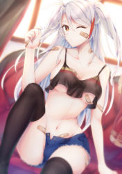 Rule 34 | 1girl, alternate breast size, antenna hair, azur lane, bandaid, bandaid on arm, bandaid on breast, bandaid on cheek, bandaid on face, bandaid on leg, bare shoulders, black shirt, black thighhighs, blue shorts, breasts, brown eyes, collarbone, commentary request, cutoff jeans, cutoffs, highres, long hair, medium breasts, midriff, mole, mole on breast, navel, one eye closed, prinz eugen (azur lane), satsuki meguru, shirt, short shorts, shorts, silver hair, sitting, sleeveless, sleeveless shirt, solo, spaghetti strap, thighhighs, two side up, underboob