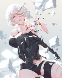 Rule 34 | 1girl, android, black gloves, black shorts, blue eyes, breasts, damaged, elbow gloves, gloves, hair over one eye, highres, jiro (ninetysix), joints, looking at viewer, medium breasts, mole, mole under mouth, nier (series), nier:automata, outstretched arm, parted lips, robot joints, short hair, shorts, silver hair, solo, tank top, torn clothes, a2 (nier:automata)