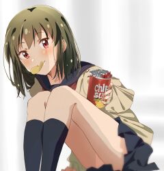 Rule 34 | 1girl, arm support, black sailor collar, black skirt, black socks, blurry, blurry background, blush, breasts, brown cardigan, cardigan, chip star, chips (food), collarbone, dot nose, food, green hair, hand up, highres, holding snack, ichigo (berryberry 19), idolmaster, idolmaster million live!, idolmaster million live! theater days, knees up, leaning forward, long sleeves, looking at viewer, mouth hold, nagayoshi subaru, neckerchief, pleated skirt, potato chips, reaching, reaching towards viewer, red eyes, red neckerchief, sailor collar, school uniform, serafuku, short hair, sitting, skirt, sleeves past wrists, small breasts, smile, socks, solo, white background