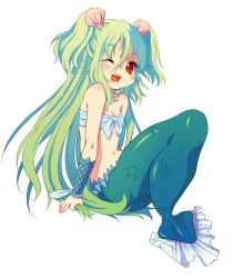 Rule 34 | 1girl, babalilo, female focus, long hair, mermaid, monster girl, muromi-san, namiuchigiwa no muromi-san, one eye closed, open mouth, shell hair ornament, simple background, solo, strapless, tube top, two side up, white background