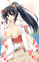 Rule 34 | 1boy, 1girl, black eyes, black hair, breasts, censored, clothed female nude male, clothed sex, cowgirl position, hair ornament, heart, hetero, highres, huge breasts, japanese clothes, kimono, long hair, nipple slip, nipples, no bra, no panties, nude, original, penis, ponytail, puffy nipples, pussy, sex, skirt aside, straddling, sweat, thighhighs, vaginal, wedge (tyrl stride), white thighhighs, yukata