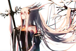 Rule 34 | 1girl, arknights, bare shoulders, branch, demon horns, highres, holding, holding weapon, horns, long hair, looking up, official alternate costume, ponytail, re:rin, shining (arknights), shining (silent night) (arknights), solo, very long hair, weapon, white background, white hair