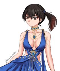 Rule 34 | 1girl, alternate costume, artist name, azur lane, bare shoulders, blue dress, breasts, brown eyes, brown hair, choker, cleavage, closed mouth, commentary, cosplay, cowboy shot, dress, historical name connection, jewelry, kaga (azur lane), kaga (azur lane) (cosplay), kaga (kancolle), kantai collection, large breasts, looking at viewer, midriff peek, name connection, necklace, one-hour drawing challenge, ponytail, rekka yamato, short hair, simple background, solo, white background