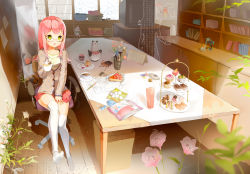 Rule 34 | 1girl, anmi, bag, blush, book, bookshelf, cake, cardigan, cellphone, chair, cup, figure, flower, food, fork, glasses, hatsune miku, highres, mirror, office chair, open mouth, original, paintbrush, phone, pink hair, plate, room, shorts, silhouette, sitting, smile, solo, swivel chair, table, tart (food), thighhighs, tiered tray, translation request, vocaloid, white thighhighs, yellow eyes